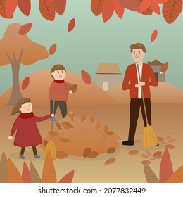 Padre con hijastra e hijo barriendo hojas en otoño, ilustración vectorial