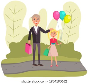 Father and daughter spend free time in park. Happy child with balloons vector illustration