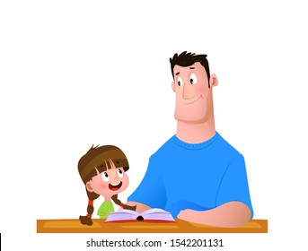 Father and daughter spend time reading a book. Cartoon vector illustration