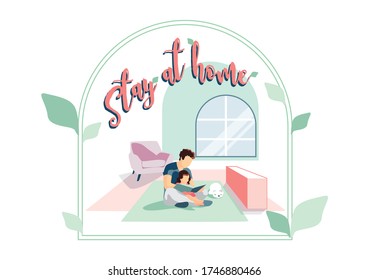 
Father and daughter spend time reading. Fatherhood. A happy family. Stay home during quarantine. Cozy kids room. View from the window. Protection against COVID-19. Vector illustration. Isolated 