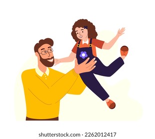 Father and Daughter spend time together.Happy father Daddy keep child Girl on hands.Family Loving and Warm relationships,Girl Kid trust her Dad.Man support his Child.Flat vector isolated illustration