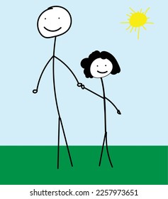 father and daughter, stickman style for father and daughter walking together, suitable for father's day greeting card, father and daughter drawing vector file, blue sky and sun and green grass