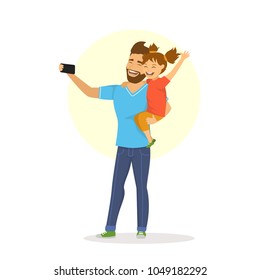 father and daughter taking selfie cute cartoon isolated vector illustration scene