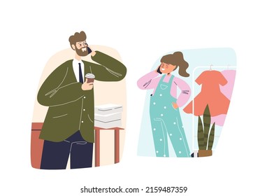 Father and daughter talk on mobile phone. Small girl communicate with dad on cellphone. Child and adult speaking use cellular. Smartphone conversation communication. Cartoon flat vector illustration
