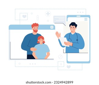Father with daughter talking online with therapist via modern gadget. Modern online healthcare services. Process of giving remote consultations to patients. Vector flat illustration in blue colors