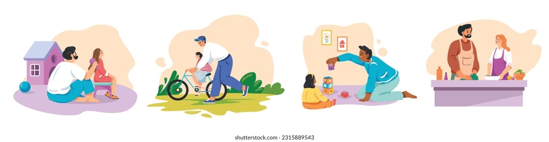 Father and daughter time. Fathers spending weekend with child, dad and kid girl playing talk cook, parent teenager ride bicycle fatherhood family support vector illustration of father and daughter