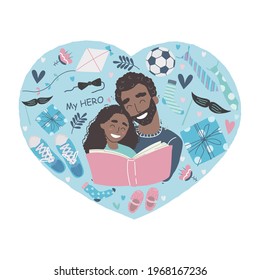 Father and daughter together. Black african american daughter hugs dad and smiling. Fathers day vector illustration set in modern style. Happy Fathers Day greeting card