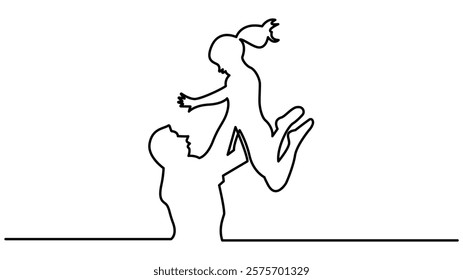 Father and daughter together Continuous One Line Drawing, father holds his little daughter by the hands. Family illustration. Father's Day one line drawing of father playing with a child.