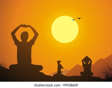 The father and the daughter together with a dog practice yoga against a sunset