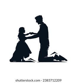 Father with daughter together silhouette. Happy family, dad and cute little girl holding hands. Vector clip art illustration