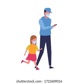 father and daughter using face masks characters vector illustration design