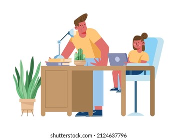 father and daughter using laptop elearning