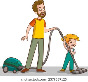 Father and daughter vacuuming. Householding, apartment cleaning. Man and baby boy with vacuum cleaning vector illustration