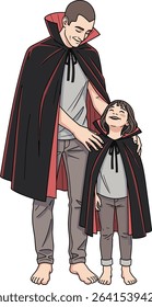 Father and Daughter in Vampire Capes: Halloween Costume Illustration for Family Fun