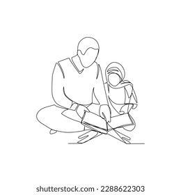 Father and daughter vector illustration drawn in line art style