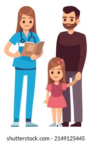 Father and daughter visit female pediatrician. Doctor appointment