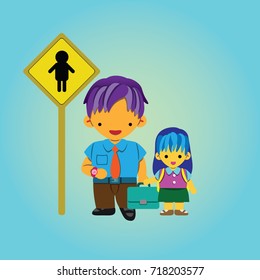 Father daughter waiting for the bus cartoon, Salary man student going to work and school vector