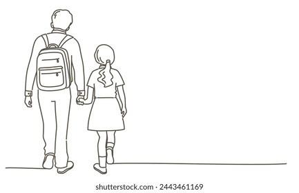 Padre e hija caminan juntos, la niña sostiene la mano del hombre. La escena es simple y clara, sin detalles ni emociones adicionales. Dibujado a mano ilustración vectorial. Blanco y negro.