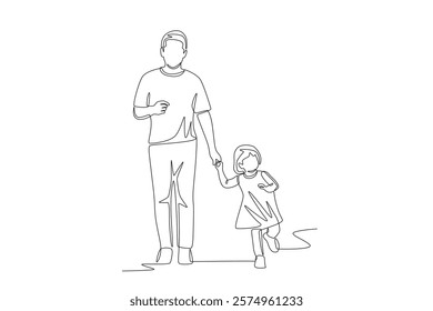 Father and daughter are walking. Dad and daughter concept one-line drawing