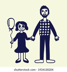Father and daughter walking and hold hands, girl with a balloon, vector illustration