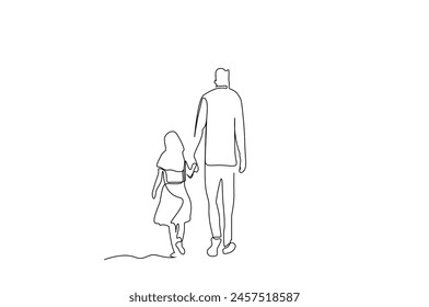 father and daughter walking outside together back rear behind full body length one line art design vector