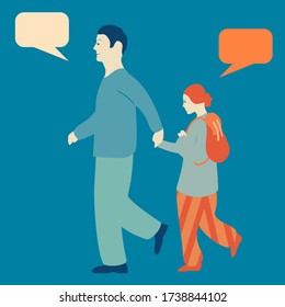 Father and daughter walking and talking, vector illustration of father and daughter with speech bubbles. Daughter with backpack. Going to school. EPS 10.