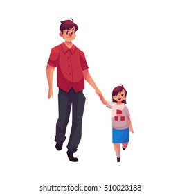 Father and daughter walking together, cartoon vector illustrations isolated on white background. Young handsome dad holding his little daughter hand and walking together, happy family concept