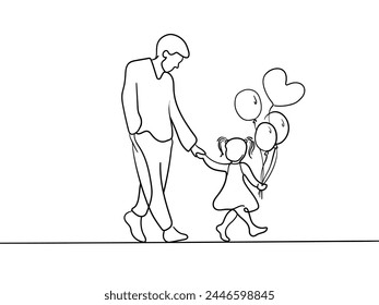 Father and daughter walking together continuous line art drawing isolated on white background. Parenting line art drawing. Vector illustration