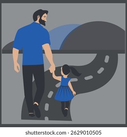Father and Daughter Walking Together on a Road