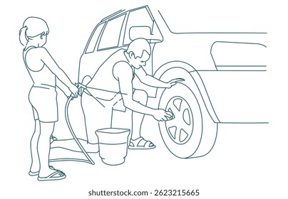 Father and daughter washing car Father and daughter washing car