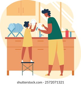 Father and daughter washing dishes together in a modern kitchen, fostering family bonding and shared responsibility while enjoying quality time and creating lasting memories