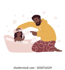 Father And Daughter. Washing Kid In Bath, Soap Bubble, Foam, Washcloth, Playing. Flat Style In Vector Illustration. Family Day, Child Education, Single Father, Black Skin People. Isolated.