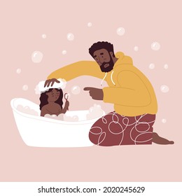 Father And Daughter. Washing Kid In Bath, Soap Bubble, Foam, Washcloth, Playing. Flat Style In Vector Illustration. Family Day, Child Education, Single Father, Black Skin People. Isolated.