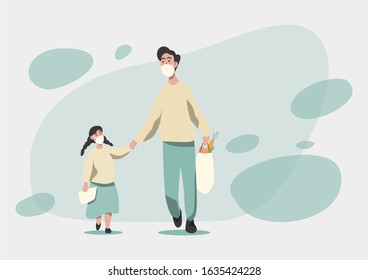 Father and daughter wear a mask to go to the market Vector health care concept.