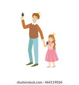 Father And Daughter Wearing Crowns  Eating Ice-Cream