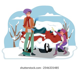 Father and daughter in winter clothes clean the snow from the car. Happy family characters sharing laughter and warmth while working. Cartoon People Vector Illustration.