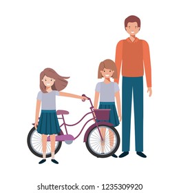 father and daughters with bycicle avatar character