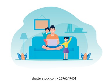 Father And Daughters Having Rest In Living Room. Man Sits On Sofa Using Laptop. Girls Attracting Dads Attention. Happy Family Evening. Recreation Together At Home. Vector Flat Cartoon Illustration