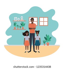 father and daughters in livingroom avatar character