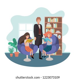 father and daughters sitting in chair avatar character|