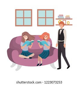 father and daughters sitting in couch avatar character