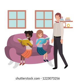 father and daughters sitting in couch avatar character