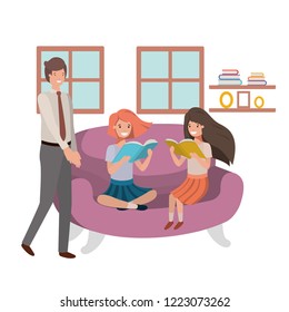 father and daughters sitting in couch avatar character