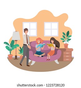 father and daughters sitting in couch avatar character