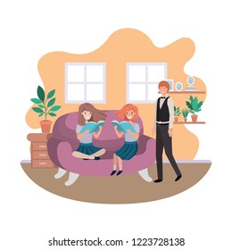 father and daughters sitting in couch avatar character