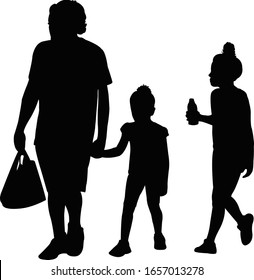 a father and daughters walking, silhouette vector
