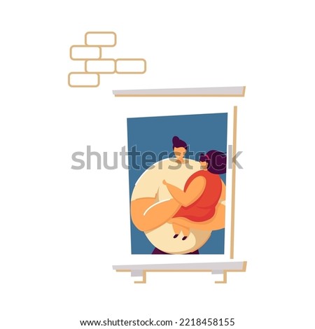 Father with daughther in apartment window. Man holding girl in arms at home. Vector illustration for neighbors, neighborhood