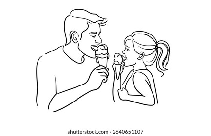 Father and daugter eating ice cream, continious line drawing. Summer holidays outline. Vector illustration