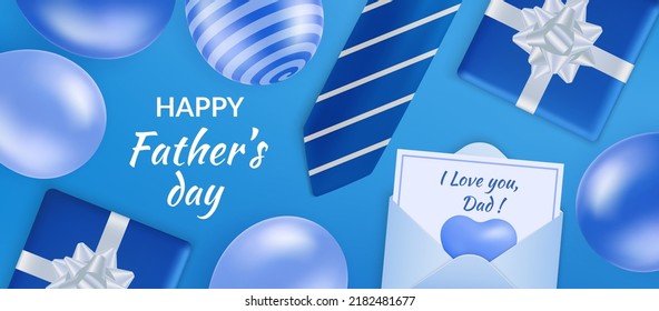 Father Day 3D gift. Promo festival box for dad with confetti and air balloons. Sale card design. Event happy celebration. Present and tie. Letter in envelope. Vector background template