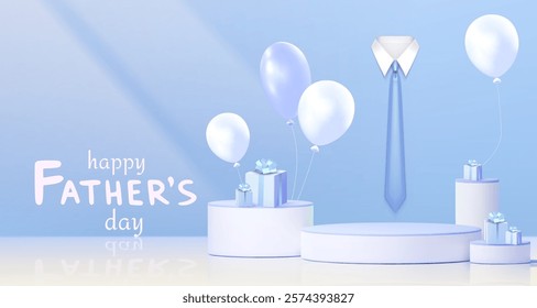Father day 3d podium display with elegant blue neck tie, wrapped presents and floating balloons. Minimalist celebration scene with white platform on soft pastel background. Greeting card or banner.